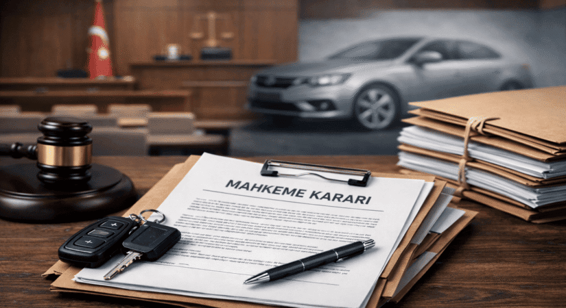 Ayıplı araç misliyle değişim kararları için hazırlanmış, mahkeme salonu ve araç temalı görsel