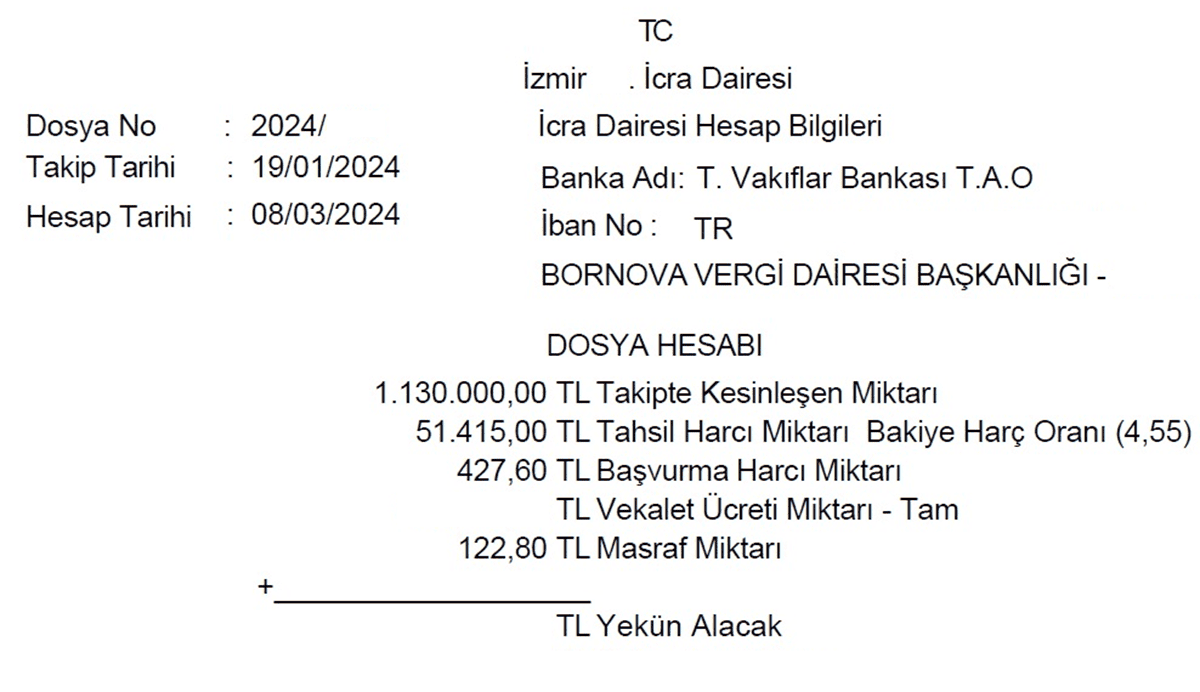 Misliyle değişim icra dosya hesabı hesap dökümü