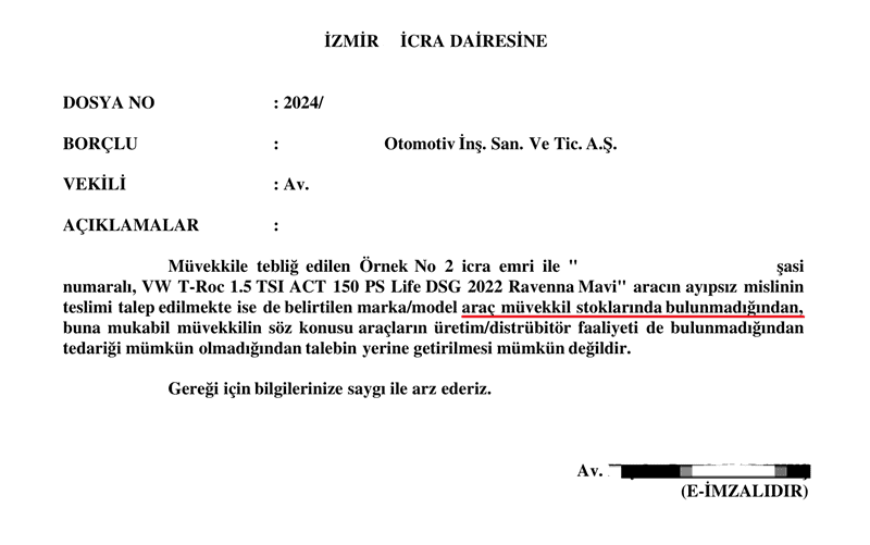 Sıfır araç misliyle değişim davası icra süreci