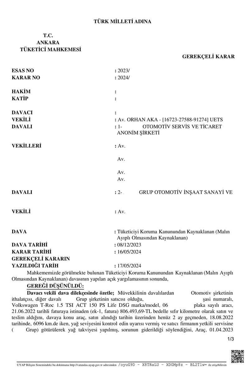 Ankara 4. Tüketici Mahkemesi - yağ yakma davası - karar