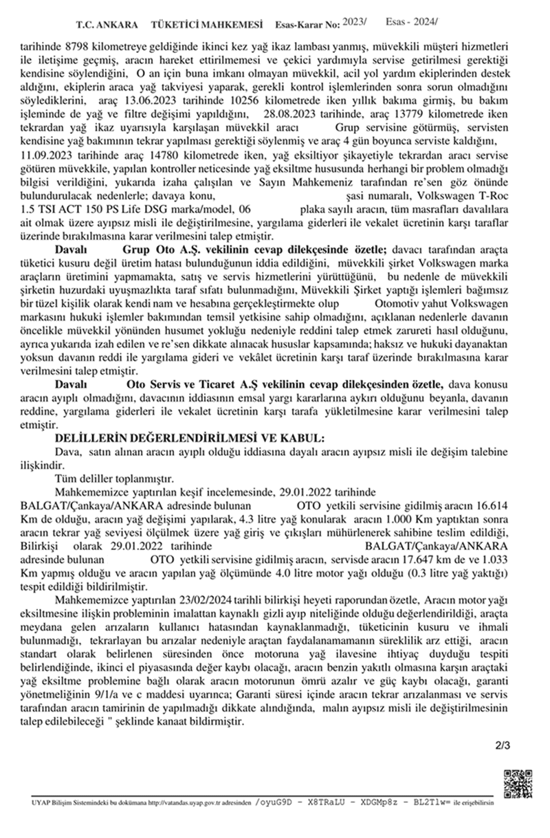 Sıfır araç yağ yakma davası emsal mahkeme kararı