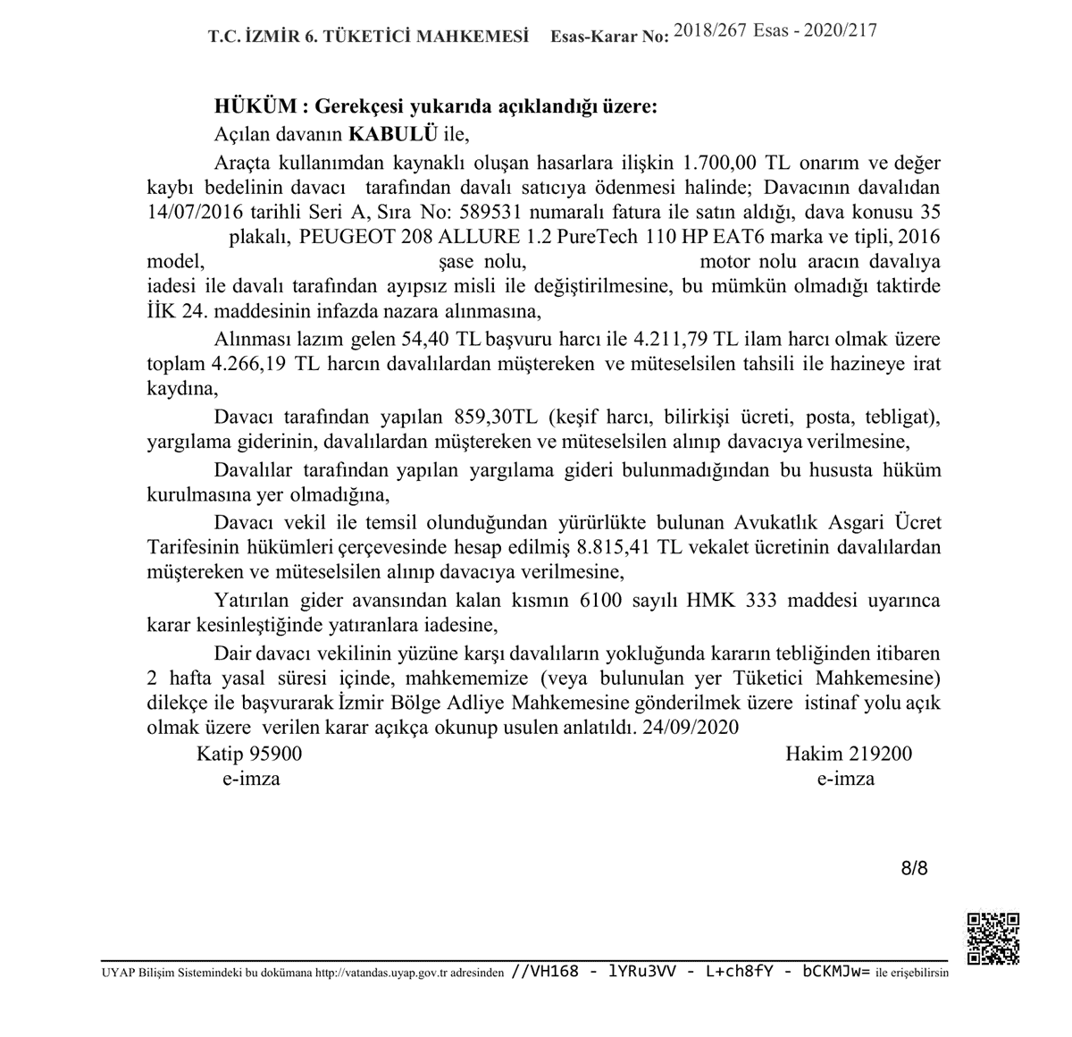 Ayıplı araç misliyle değişim kararı (sonuç)