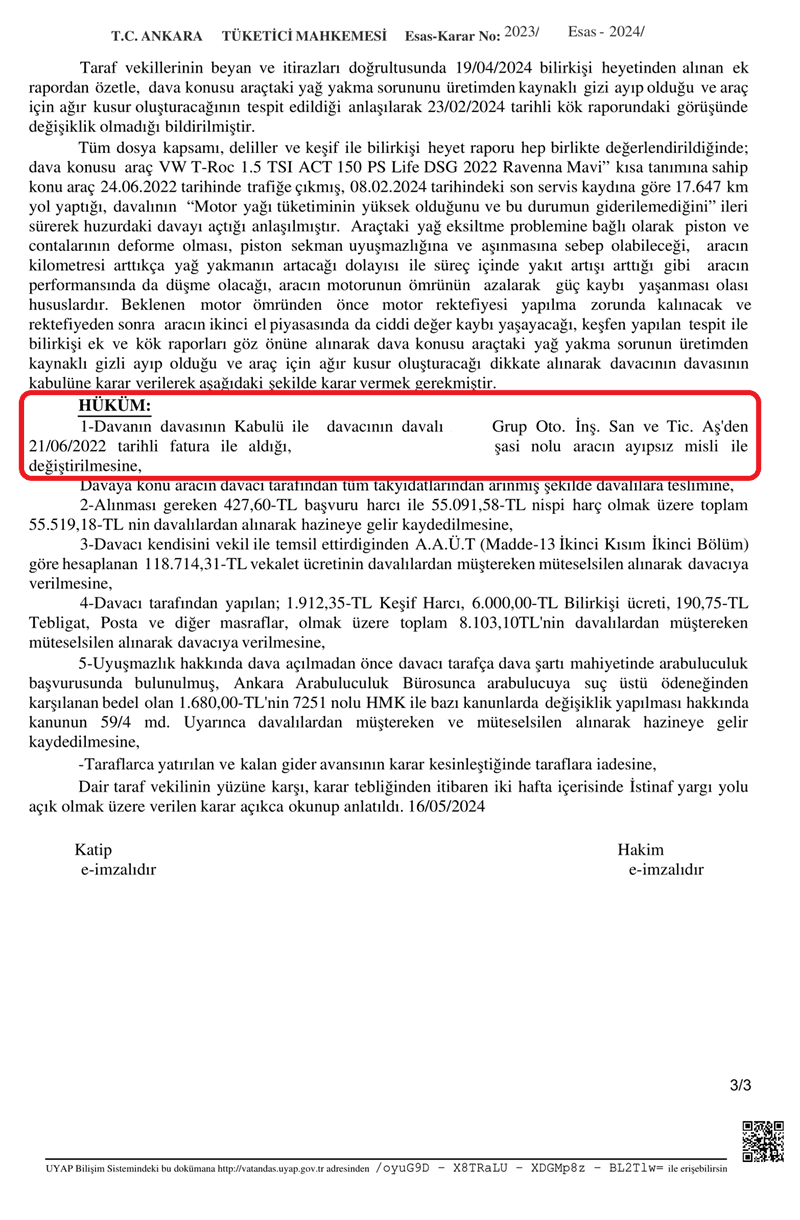 Tüketici mahkemesi sıfır araç yağ yakma davası misliyle değişim kararı