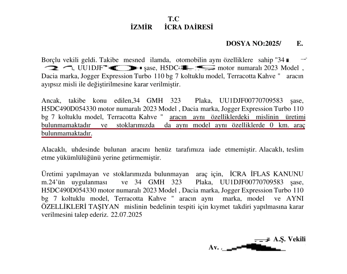 araç değişim kararı stokta araç yok beyanı dilekçesi