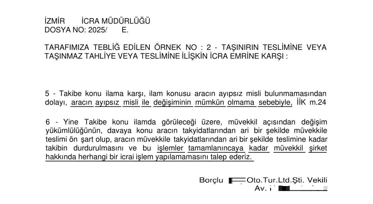 Araç değişiminde stokta yok beyanı örneği