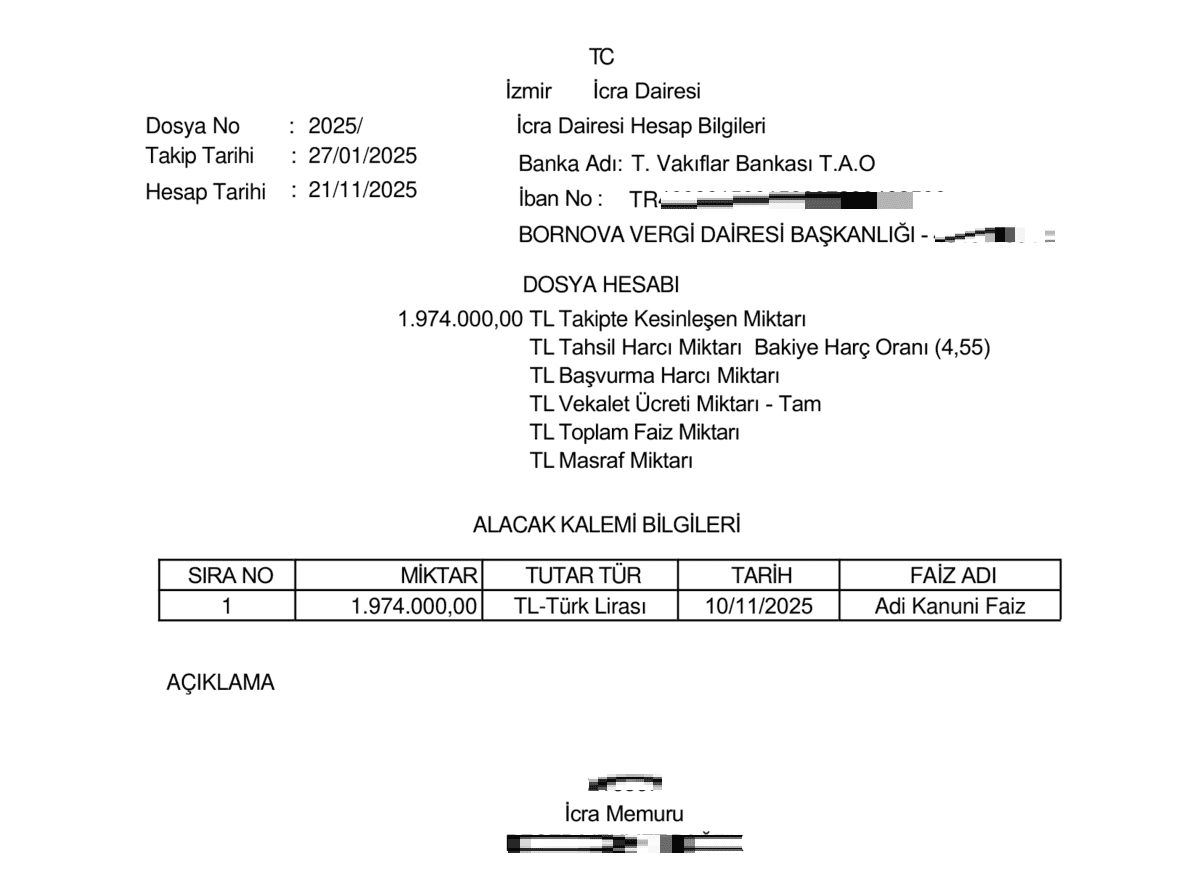 İcra kapak hesabı dökümü