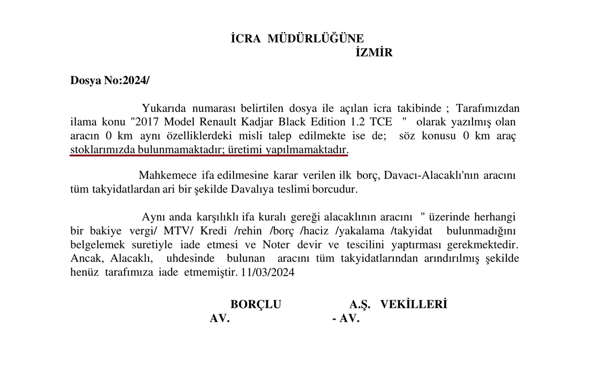 Borçlu şirketin aracın ayıpsız mislini teslim edemeyeceğine ilişkin beyanı