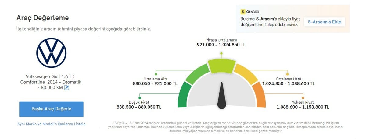 Tüketicinin elindeki ayıplı aracın ikinci el piyasa değerini gösteren ekran görüntüsü