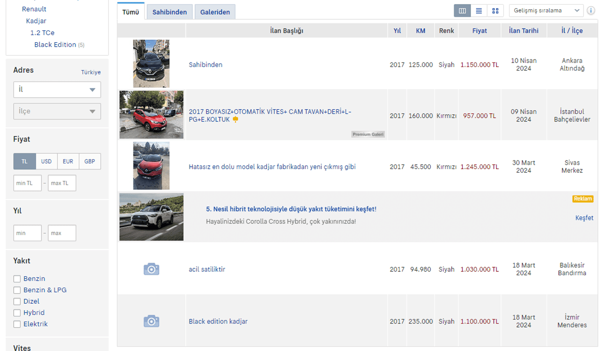 Ayıplı aracın ikinci el piyasa değerini gösteren ilan ekran görüntüsü