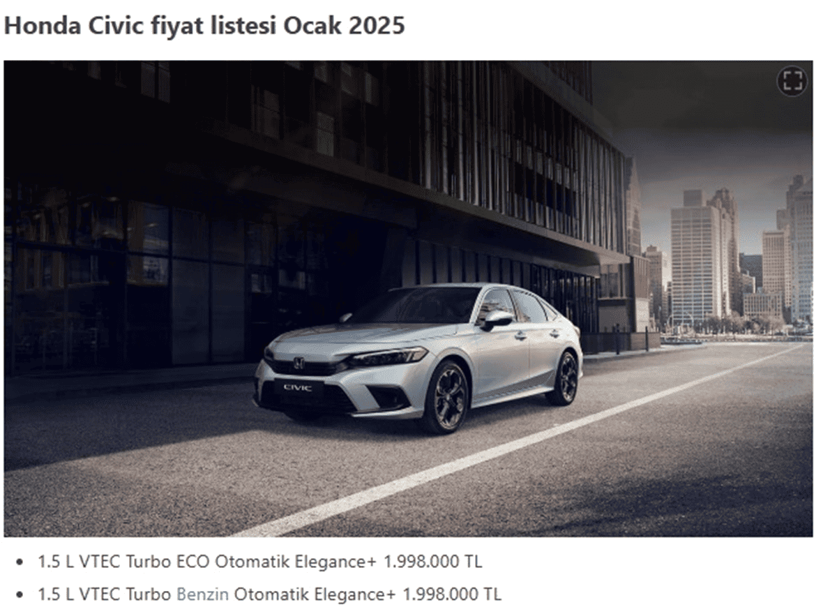 2025 Ocak ayı sıfır Honda Civic liste fiyatı