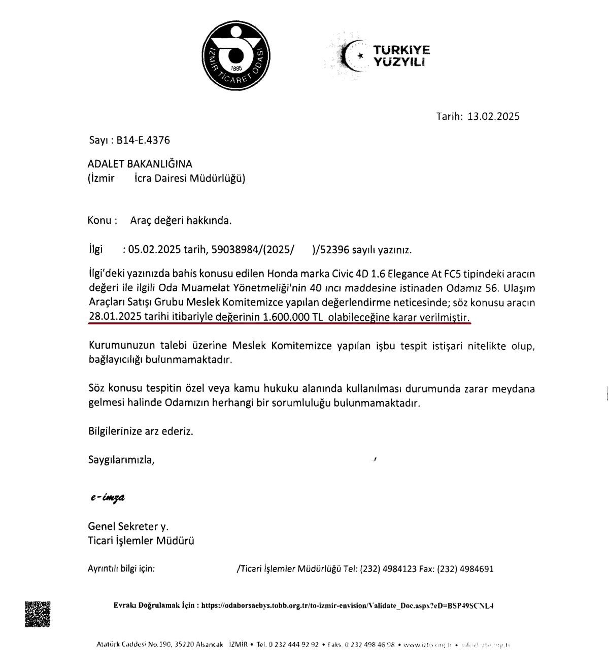 Ticaret Odası araç değer tespit yazışması