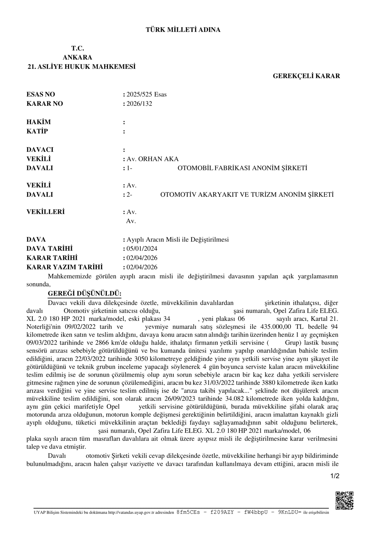 Sıfır kilometre araçta misliyle değişim davasına ilişkin 2026 tarihli mahkeme kararının ilk sayfası