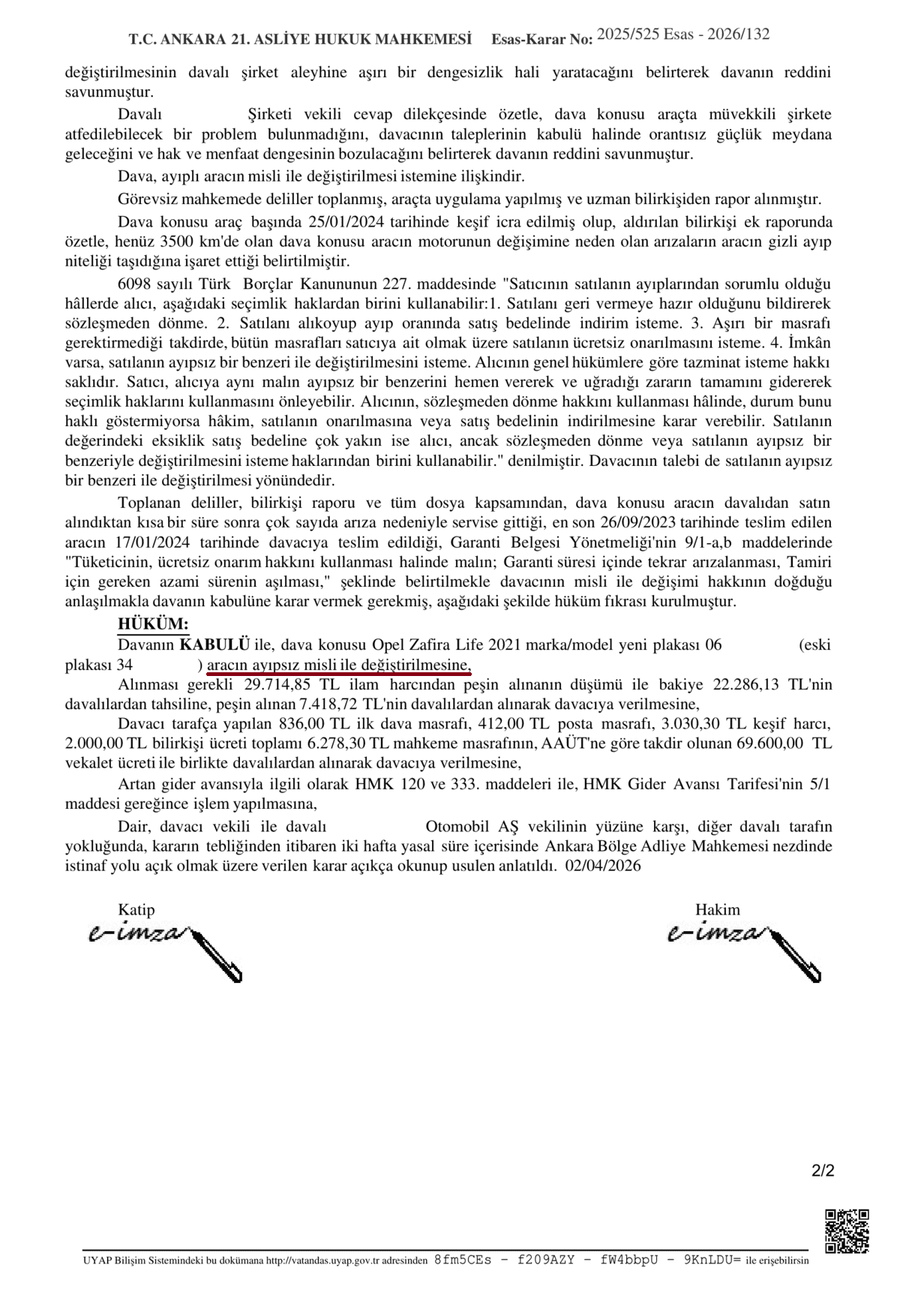 Sıfır kilometre araçta misliyle değişim davasına ilişkin 2026 tarihli mahkeme kararının ikinci sayfası