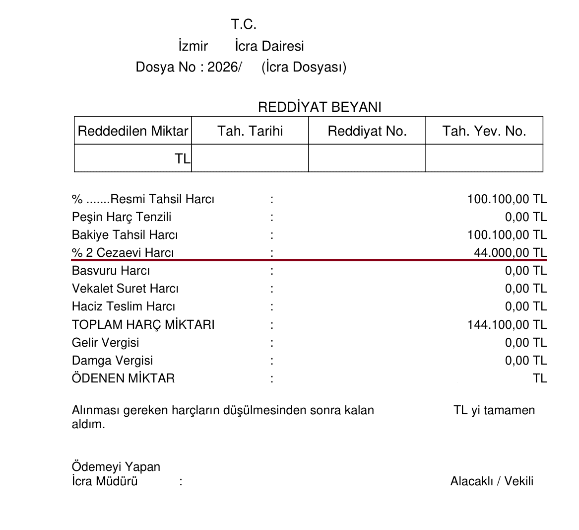 İcra Müdürlüğünün ödeme beyanı