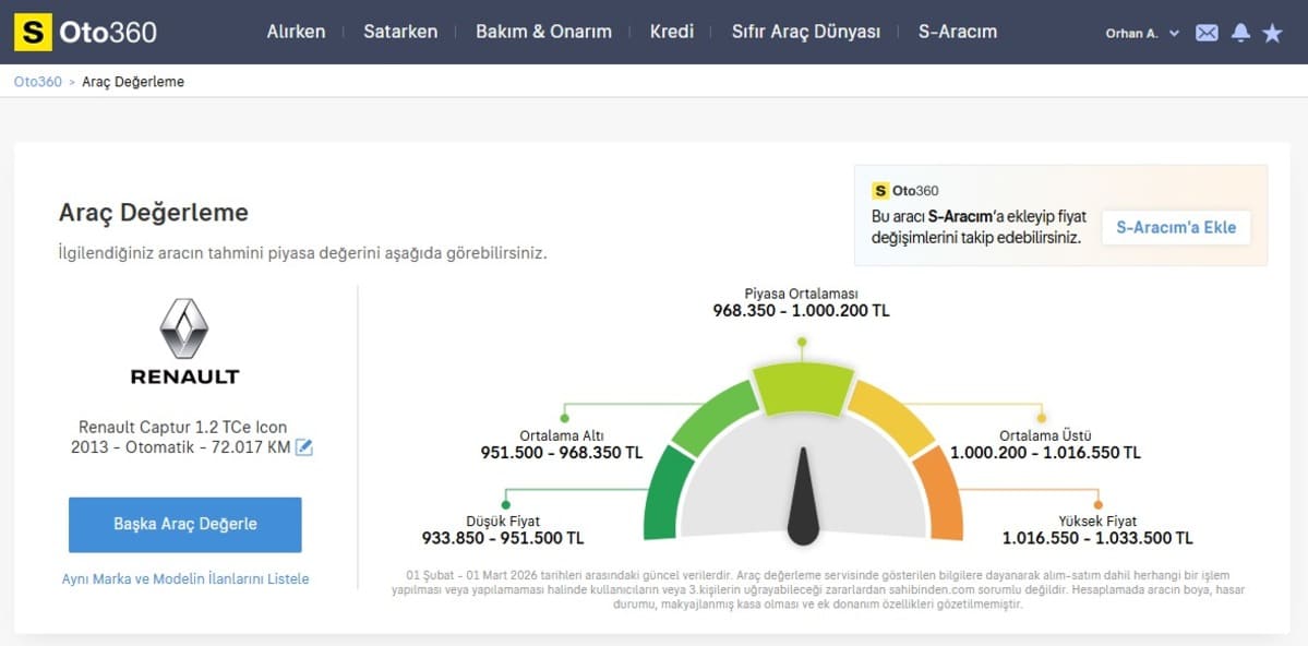 2013 model Renault Captur aracın ikinci el piyasa değerini gösteren karşılaştırma ekranı