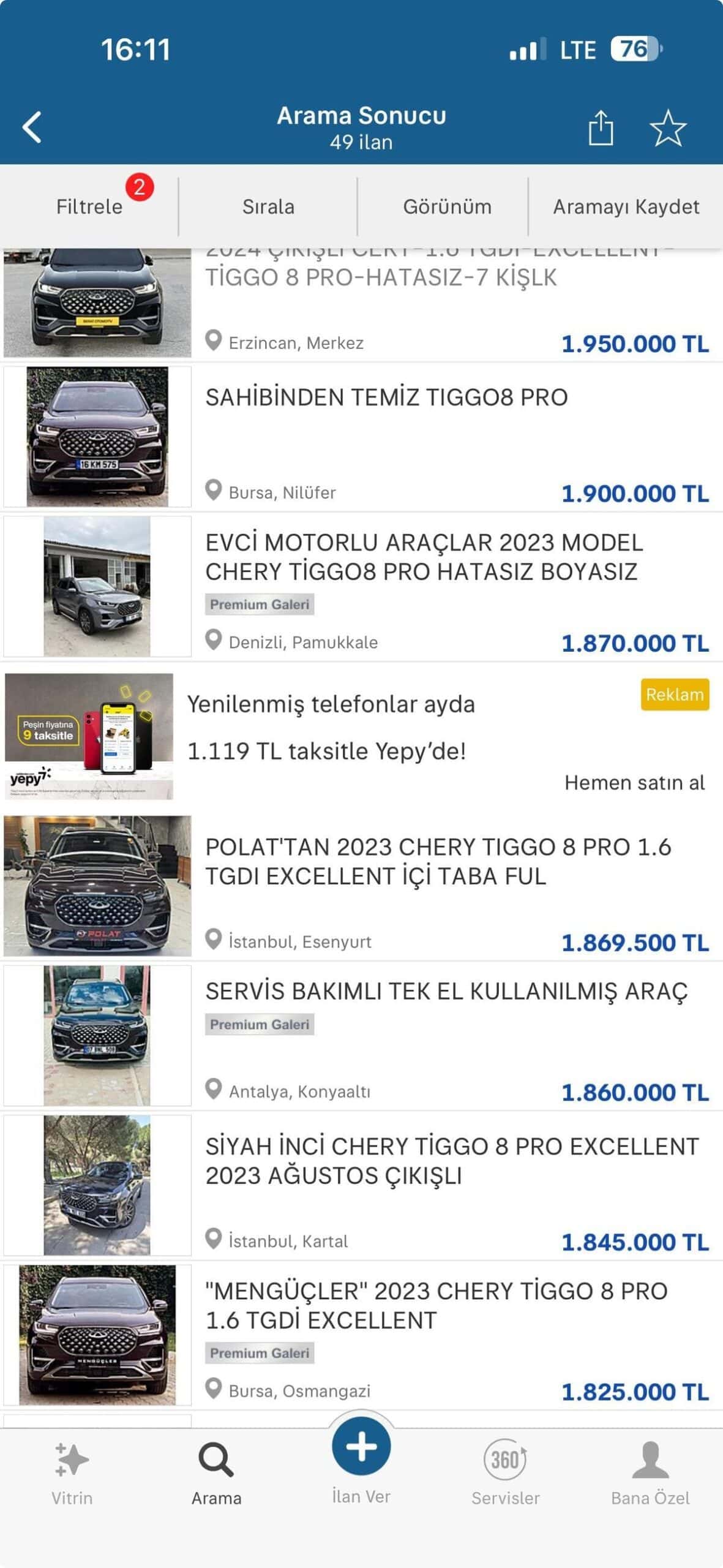 Ayıplı aracın değerini gösteren ilanlar