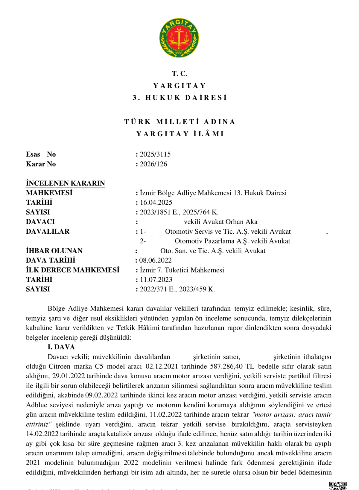 Ayıplı araç Yargıtay kararı 2026