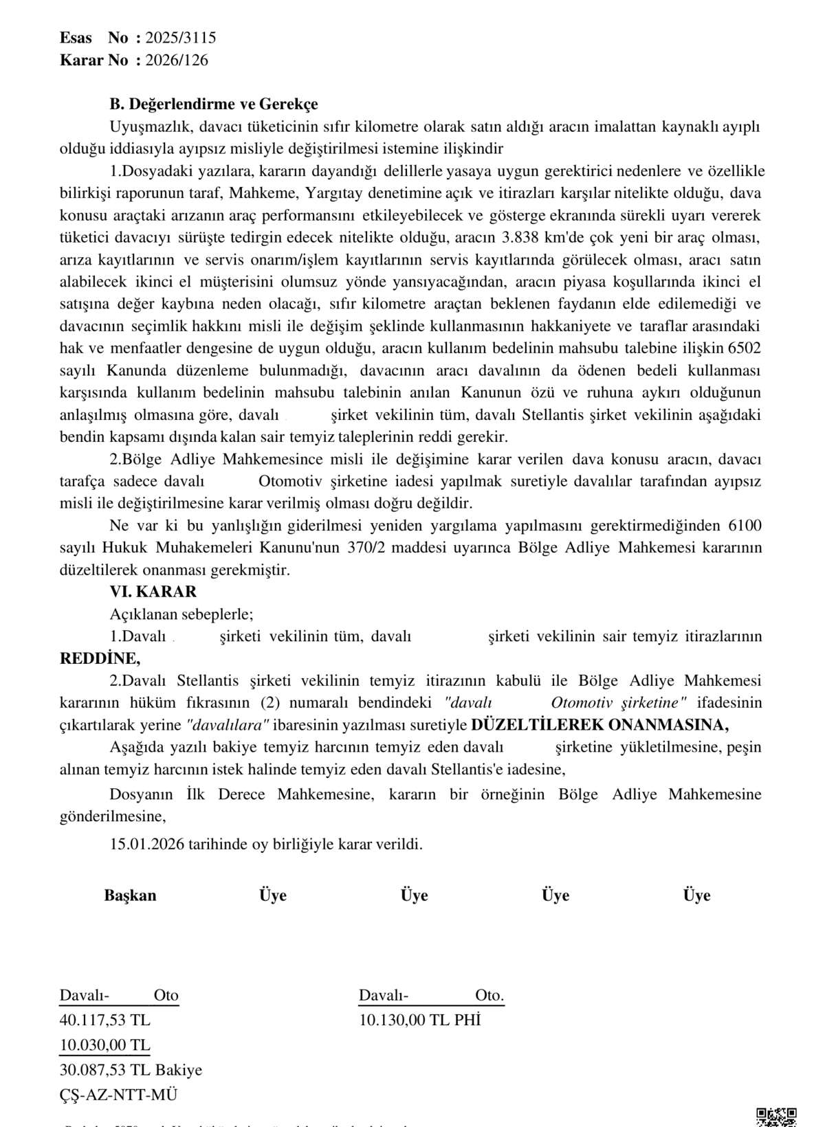 Yargıtay 3. Hukuk Dairesi kararında düzeltilerek onama sonucunu içeren son sayfa