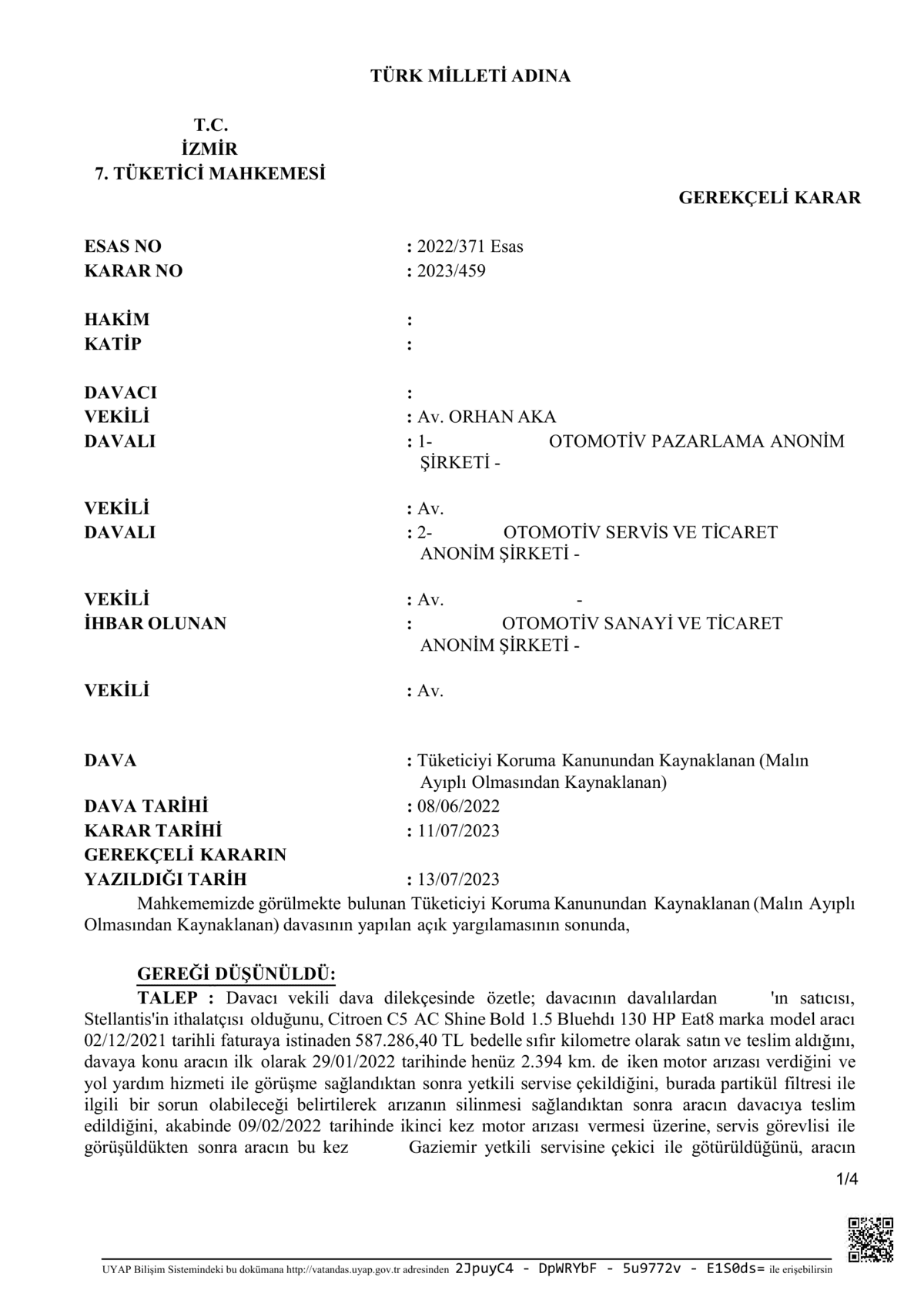 İzmir 7. Tüketici Mahkemesi’nin Citroen C5 ayıplı araç davasına ilişkin gerekçeli kararının ilk sayfası
