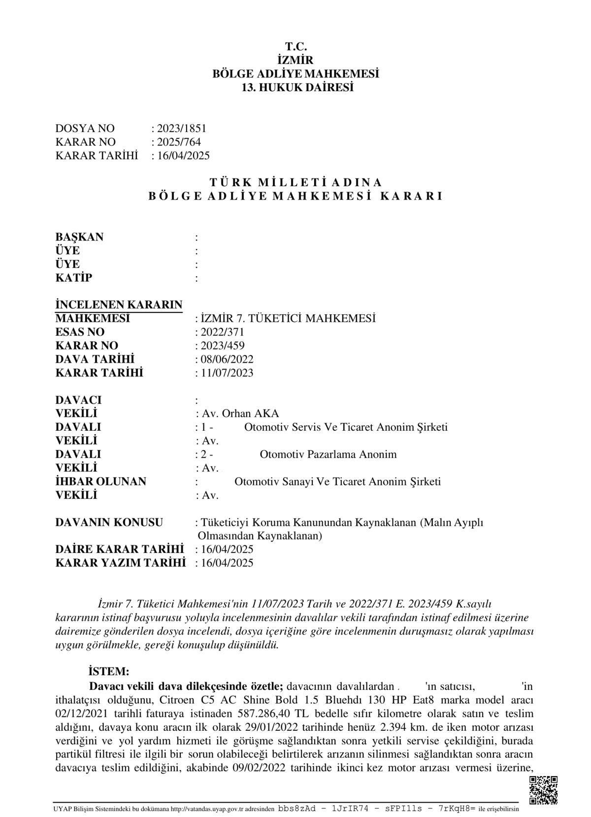 İzmir Bölge Adliye Mahkemesi 13. Hukuk Dairesi’nin Citroen C5 ayıplı araç dosyasına ilişkin kararının ilk sayfası