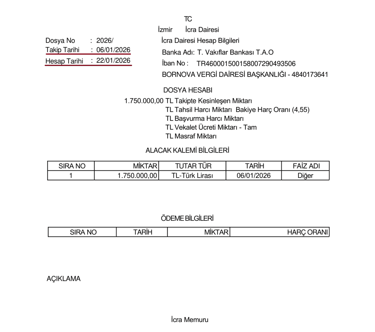 Misliyle değişim kararının icra dosyasında düzenlenen dosya hesabı ve alacak kalemleri