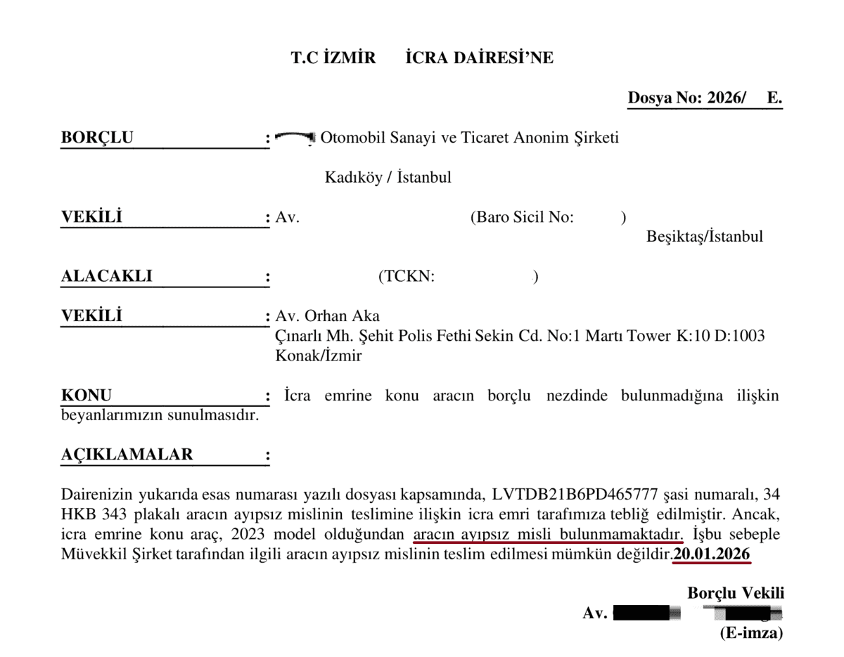 Borçlu şirketin icra dairesine sunduğu araç yok beyanı