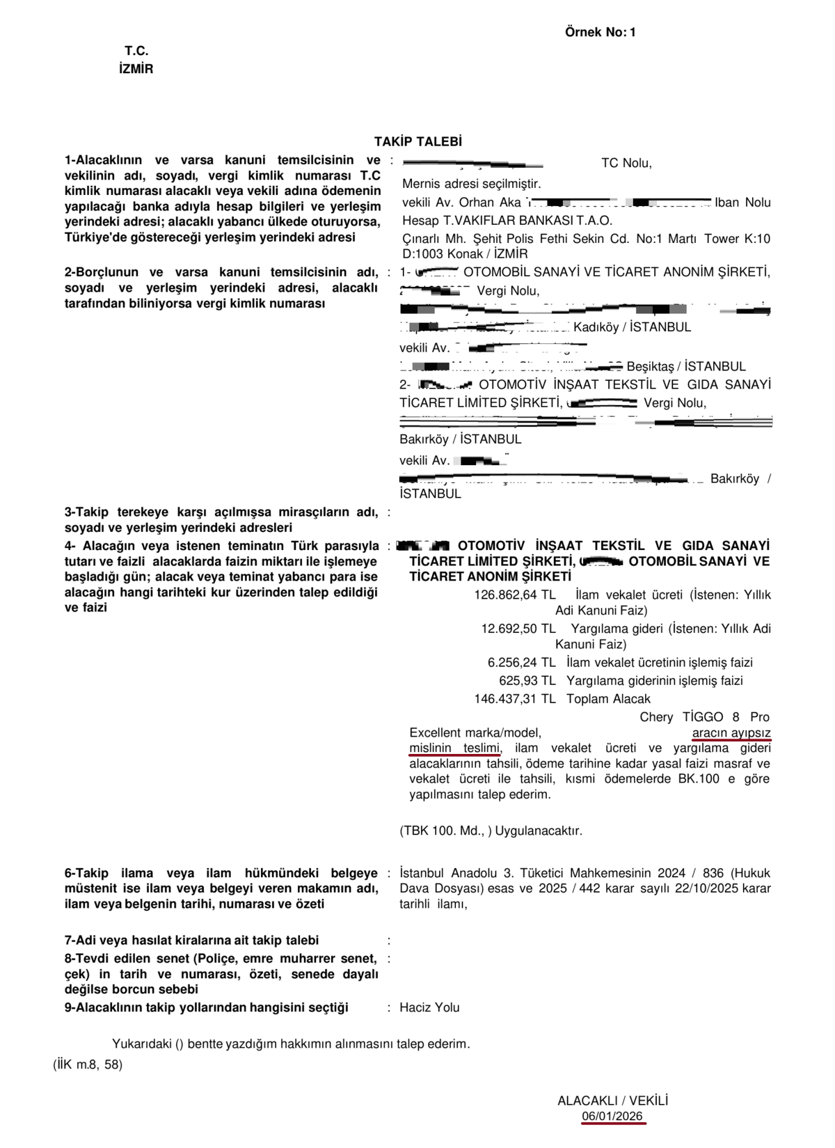 Misliyle değişim davasının icra takibi