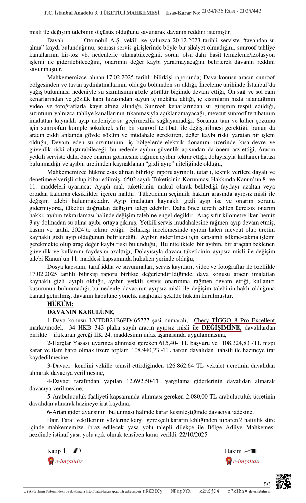 İstanbul Tüketici Mahkemesinin araç değişim kararı