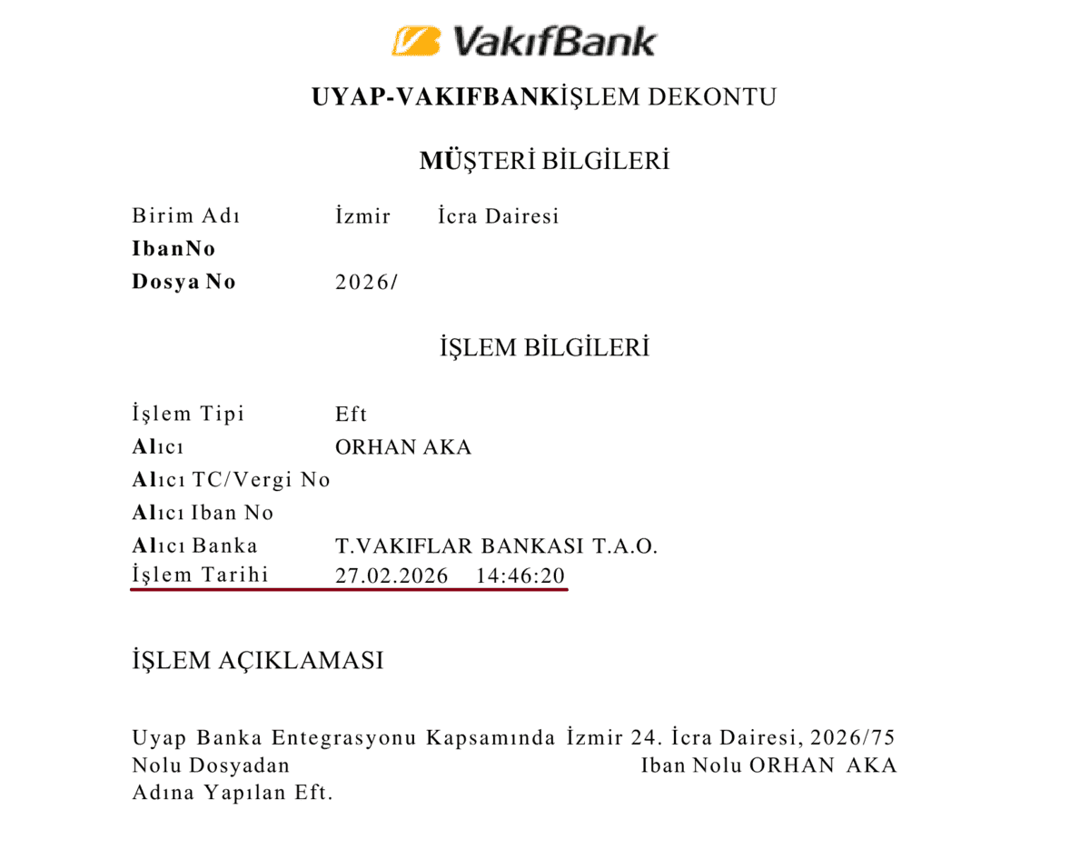 İcra Müdürlüğünün ödeme belgesi