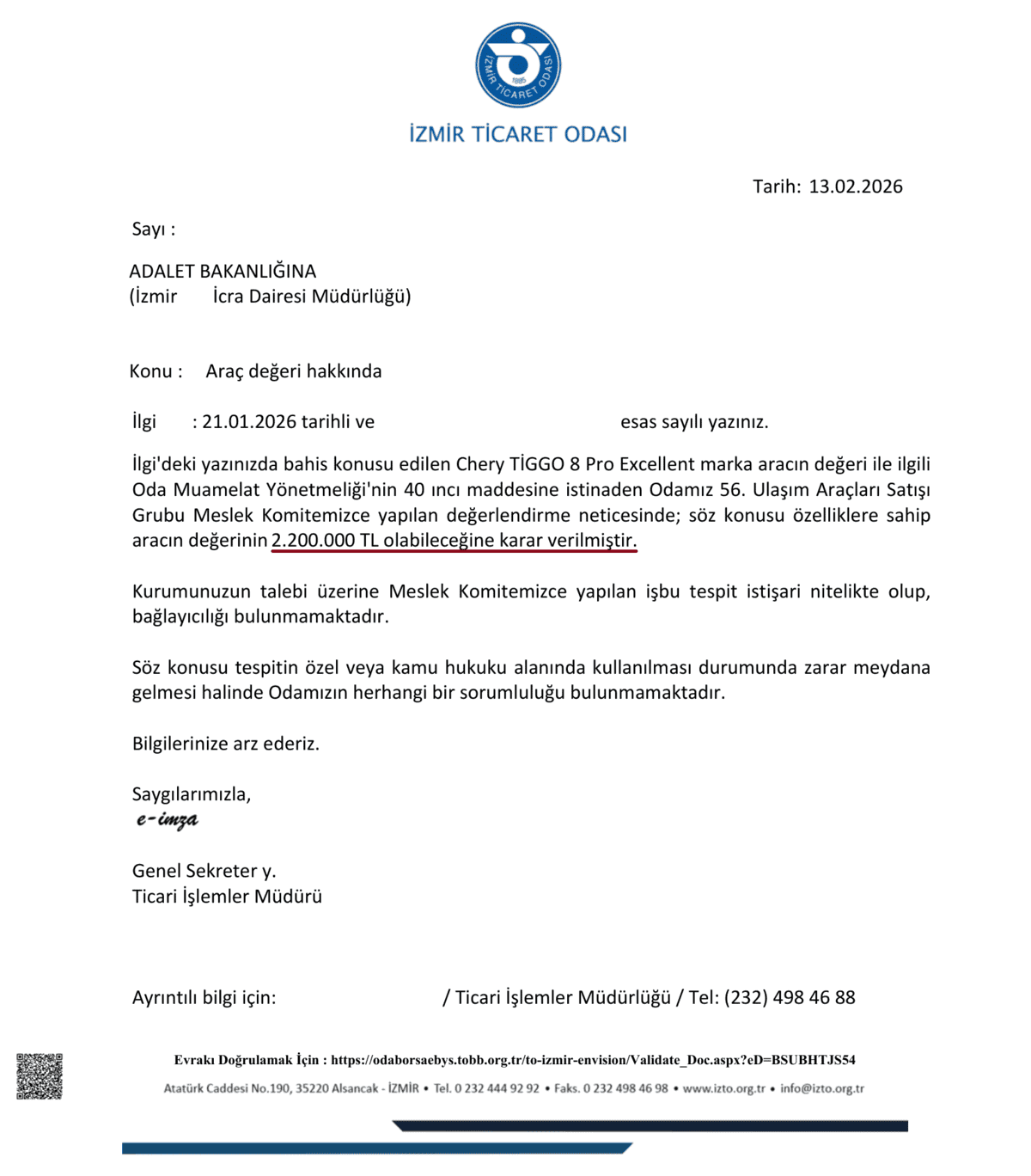 Ticaret odasının kıymet takdiri