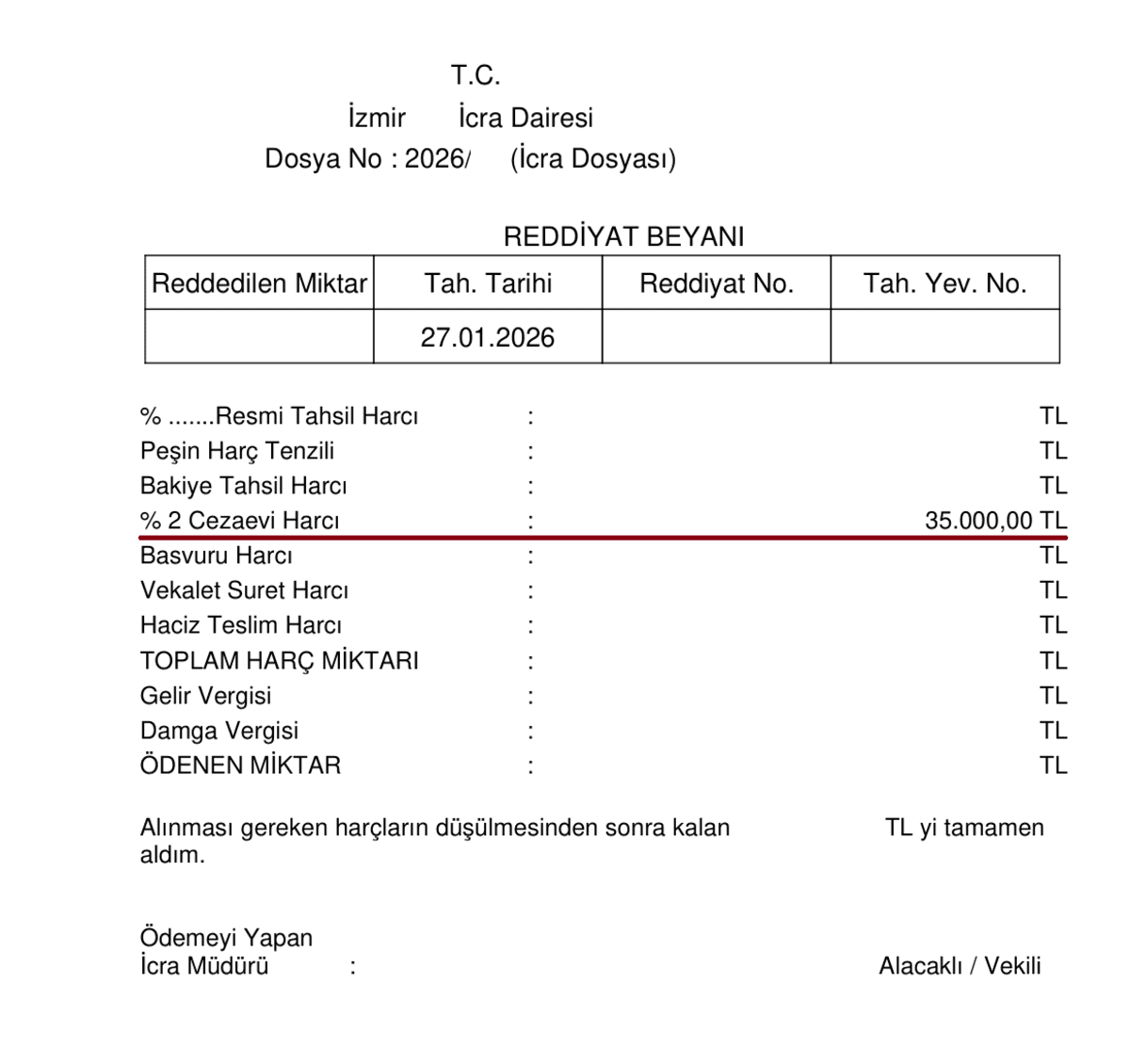 İcra dosyasında yapılan tahsilat sonrası net ödeme tutarı
