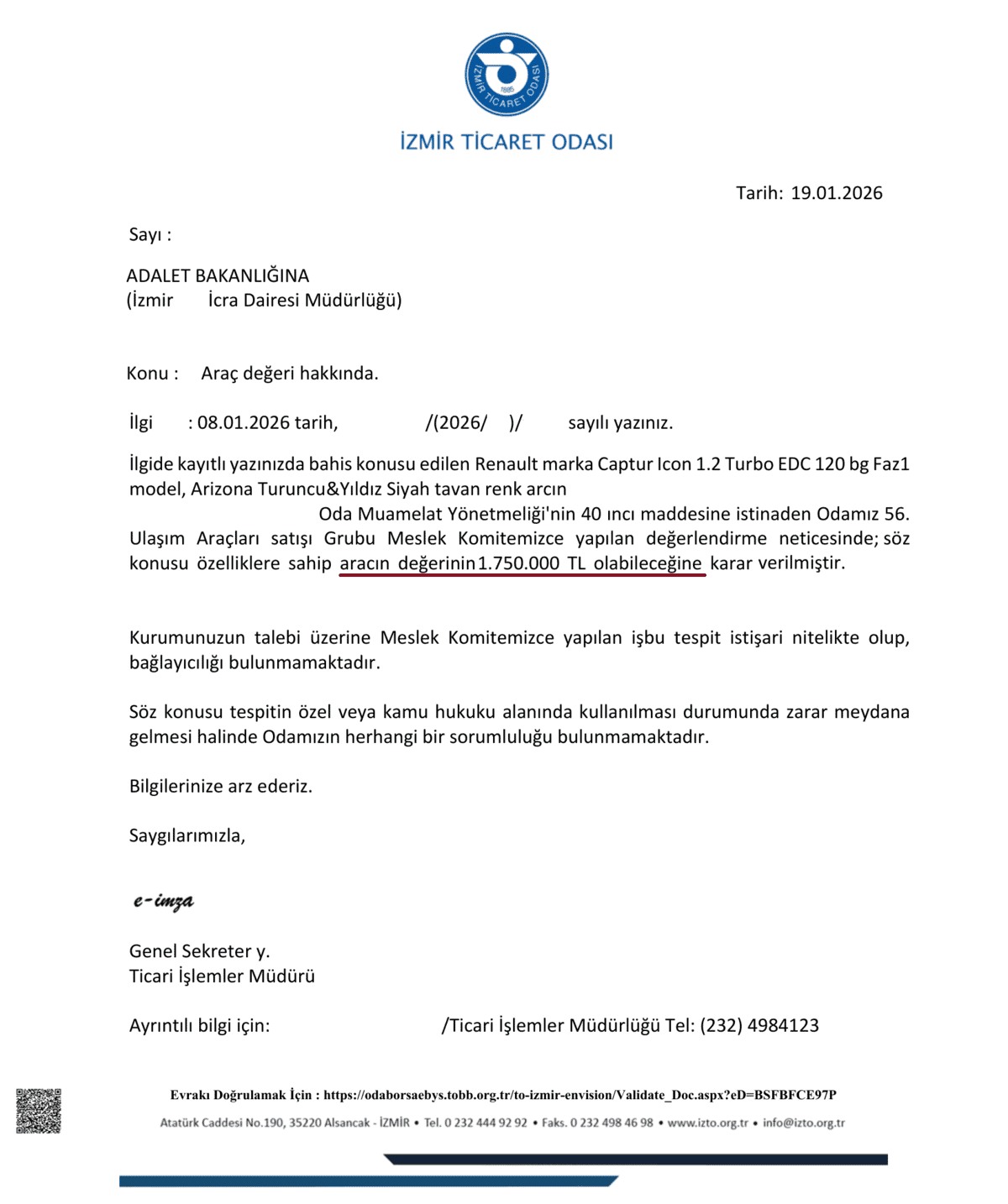 Ticaret Odası tarafından dava konusu Renault Captur aracın değeri hakkında verilen resmi cevap yazısı